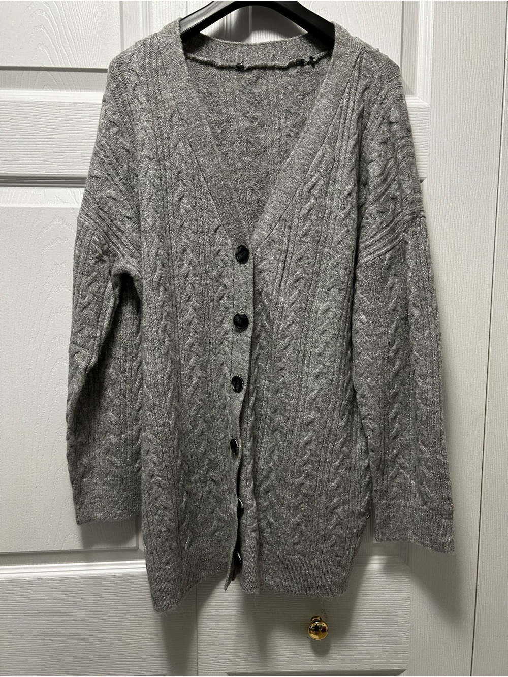 Women's Grey Sparkle Yarn Cable-Knit Button Cardigan
